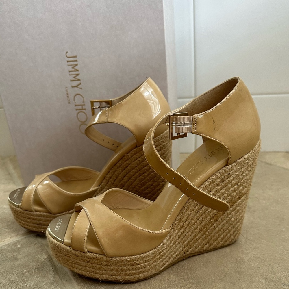 Jimmy Choo Nude Patent Leather Espadrille Wedge Sandals
